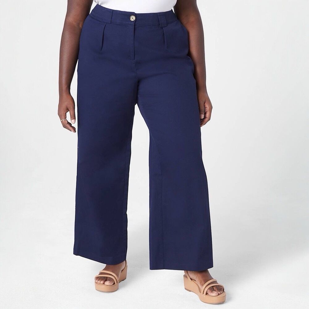 Lane Bryant Wide Leg Chino Pants Women Size 18 Mid-Rise Navy Blue Flowy Trouser